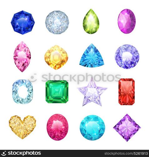 Gem Realistic Icon Set. Gem realistic icon set with different sizes and colors ruby diamond sapphire vector illustration