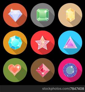 Gem stone cutting flat color icons with long shadow, stock vector