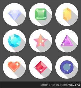 Gem stone flat color icons with long shadow, stock vector