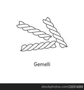 Gemelli pasta illustration. Vector doodle sketch. Traditional Italian food. Hand-drawn image for engraving or coloring book. Isolated black line icon. Editable stroke.