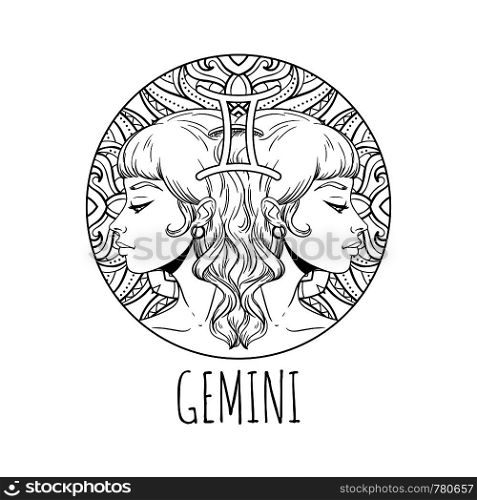 Gemini zodiac sign artwork, adult coloring book page, beautiful horoscope symbol girl, vector illustration