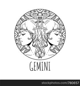 Gemini zodiac sign artwork, adult coloring book page, beautiful horoscope symbol girl, vector illustration