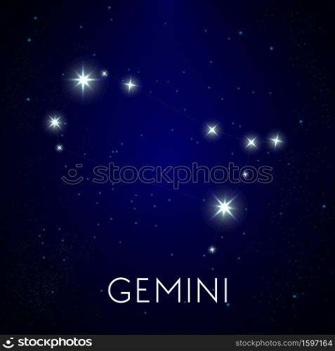 Gemini zodiac sign, constellations and astronomical symbol vector. Shining stars in night sky, astrology and part of zodiacal system and ancient calendar. Oriental horoscope, cosmic galaxy map. Constellation of Gemini zodiac in night sky, astronomical symbol