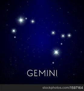 Gemini zodiac sign, constellations and astronomical symbol vector. Shining stars in night sky, astrology and part of zodiacal system and ancient calendar. Oriental horoscope, cosmic galaxy map. Constellation of Gemini zodiac in night sky, astronomical symbol