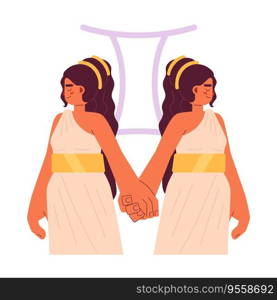 Gemini zodiac sign flat concept vector spot illustration. Women twins holding hands 2D cartoon character on white for web UI design. Astrology isolated editable creative hero image. Gemini zodiac sign flat concept vector spot illustration