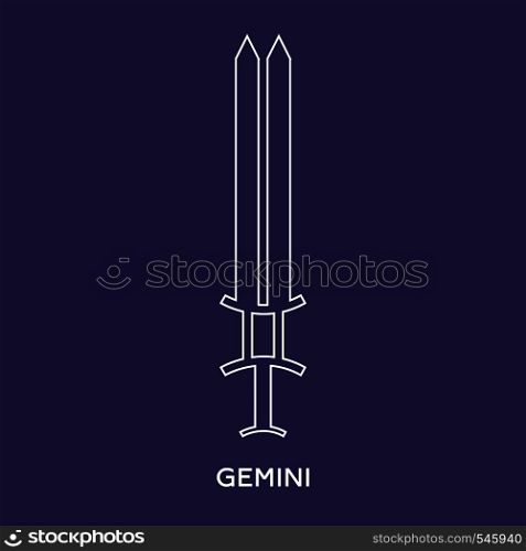 Gemini zodiac sign. Line style icon of zodiacal weapon sword. One of 12 zodiac weapons. Astrological, horoscope sign. Clean and modern vector illustration for design, web.