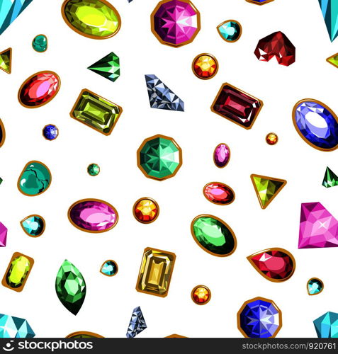 Gems and diamonds, precious stones seamless pattern vector. Crystal wealthy products in gold frames, jewellery items, fashionable and expensive objects. Sparkling karats and facets of gemstones. Gems and diamonds, precious stones seamless pattern vector.