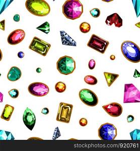 Gems and diamonds, precious stones seamless pattern vector. Crystal wealthy products in gold frames, jewellery items, fashionable and expensive objects. Sparkling karats and facets of gemstones. Gems and diamonds, precious stones seamless pattern vector.