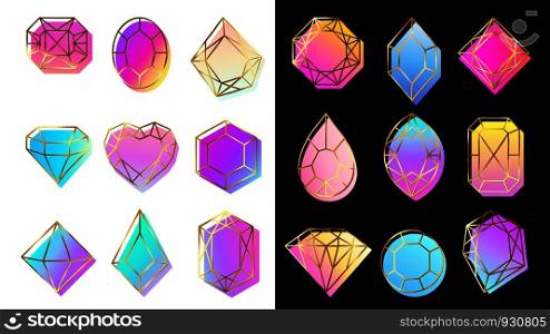 Gems with gradients. Jewelry stone, abstract colorful geometric shapes and trendy hipster diamond. Magic stone gradient items, crystallizing mineral holographic logo. Isolated vector symbols set. Gems with gradients. Jewelry stone, abstract colorful geometric shapes and trendy hipster diamond vector symbols set