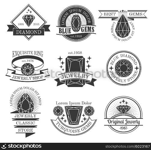 Gemstones Black White Emblems Set . Gemstones black white emblems set with classic store symbols flat isolated vector illustration