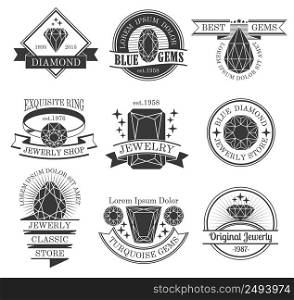 Gemstones black white emblems set with classic store symbols flat isolated vector illustration . Gemstones Black White Emblems Set