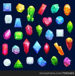 Gemstones, gem jewels, diamonds and jewelry precious stones. Vector ruby, sapphire crystal and emerald, opal and amethyst rhinestones, topaz and quartz gems in jewelry cut. Jewelry gemstones, gems and diamond crystals