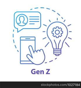 Gen Z blue concept icon. Age group idea thin line illustration. Digital technologies. Innovations development. Online communication. Homeland Generation. Vector isolated outline drawing