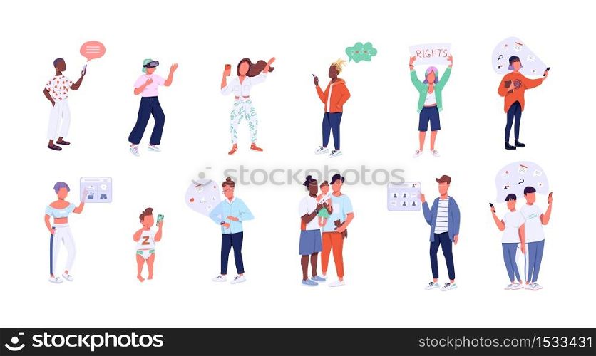 Gen Z flat color vector faceless characters set. Gender diverse and technologically advanced young people. Modern youth, generation Z lifestyle isolated cartoon illustrations on white background. Gen Z flat color vector faceless characters set