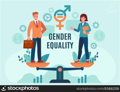 Gender business equality. Employee woman and man standing on balanced scales. Fair job opportunity and salary. Equal rights vector concept. Gender equality professional opportunity illustration. Gender business equality. Employee woman and man standing on balanced scales. Fair job opportunity and salary. Equal rights vector concept