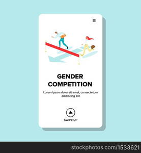 Gender Competition Man And Woman Running Vector. Man And Woman Rivals Running With Business Case And Report Notebook, Gender Race. Characters Run To Finish Red Ribbon Web Flat Cartoon Illustration. Gender Competition Man And Woman Running Vector