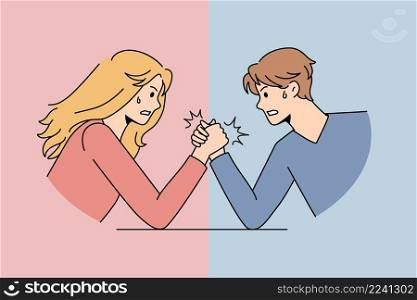 Gender conflicts and sexism concept. Furious Male and female competing in arm wrestling representing gender conflicts between each other vector illustration . Gender conflicts and sexism concept