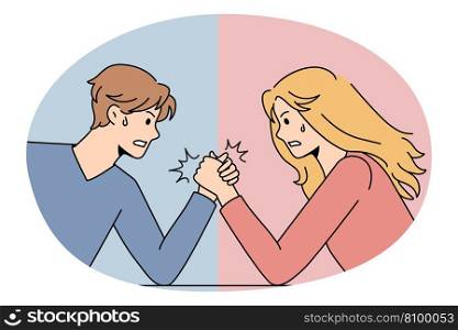 Gender conflicts and sexism concept. Furious Male and female competing in arm wrestling representing gender conflicts between each other vector illustration. Gender conflicts and sexism concept