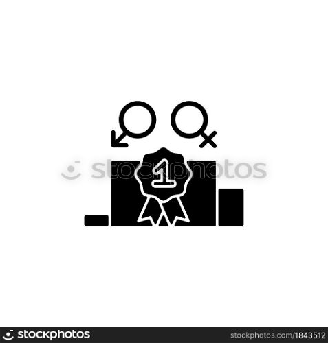 Gender equality black glyph icon. Enjoy equal rewards. Gender parity. Male and female compete together. Gender-balanced participation. Silhouette symbol on white space. Vector isolated illustration. Gender equality black glyph icon