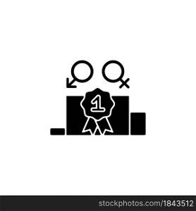Gender equality black glyph icon. Enjoy equal rewards. Gender parity. Male and female compete together. Gender-balanced participation. Silhouette symbol on white space. Vector isolated illustration. Gender equality black glyph icon