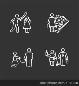 Gender equality chalk icons set. Female economic activity. Violence against woman. Sexual slavery and harassment. Gender stereotypes. Couple relationship. Isolated vector chalkboard illustrations