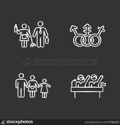 Gender equality chalk icons set. Politic rights. Transgender people, LGBTQ community. Female, male, trans sign. Gender stereotypes. Family planning. Isolated vector chalkboard illustrations