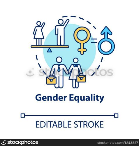 Gender equality concept icon. Sex discrimination. Womens empowerment. Human rights. Feminist movement idea thin line illustration. Vector isolated outline RGB color drawing. Editable stroke