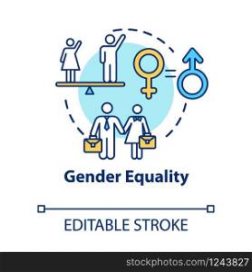 Gender equality concept icon. Sex discrimination. Womens empowerment. Human rights. Feminist movement idea thin line illustration. Vector isolated outline RGB color drawing. Editable stroke