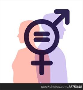 Gender equality concept. Men and women character on the scales for gender equality. Silhouettes of a man and a woman. The gender sign. Vector illustration. Flat.