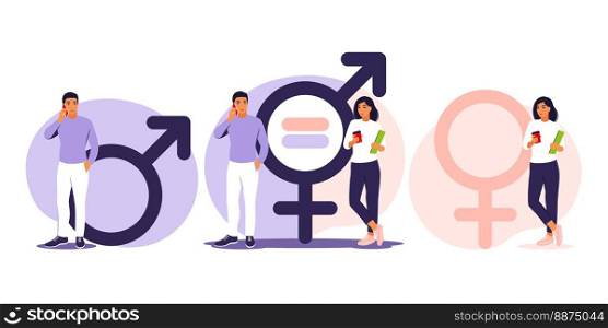 Gender equality concept. Men and women character on the scales for gender equality. Vector illustration. Flat.