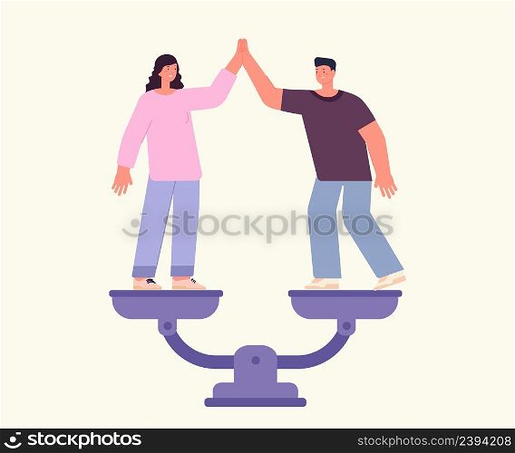 Gender equality concept. Woman and man give five, happy business people. No gap, male and female friendship or partnership. Vector people stand on scales and equality gender rights illustration. Gender equality concept. Woman and man give five, happy business people. No gap, male and female friendship or partnership. Vector people stand on scales