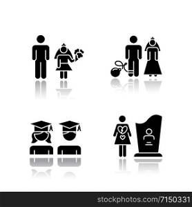 Gender equality drop shadow black glyph icons set. Child marriage. Education equality. Couple relationship. Forced marriage. College graduate. Maternal mortality. Isolated vector illustrations