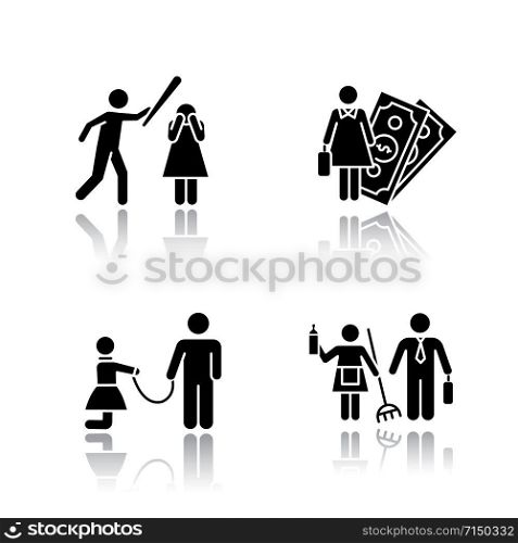 Gender equality drop shadow black glyph icons set. Female economic activity. Violence against woman. Sexual slavery. Bullying, harassment. Gender stereotypes. Isolated vector illustrations