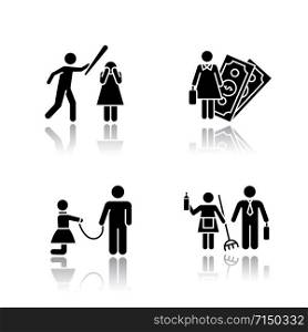 Gender equality drop shadow black glyph icons set. Female economic activity. Violence against woman. Sexual slavery. Bullying, harassment. Gender stereotypes. Isolated vector illustrations