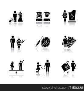 Gender equality drop shadow black glyph icons set. Forced marriage. Education equality. Maternity mortality. Child marriage. Female economic activity. Trans woman. Isolated vector illustrations