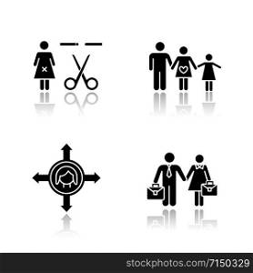 Gender equality drop shadow black glyph icons set. Forced sterilization. Woman&rsquo;s freedom of movement. Equal employment rights for woman and man. Family planning. Isolated vector illustrations