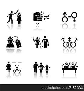 Gender equality drop shadow black glyph icons set. Violance against woman. Gender stereotypes. Bride price. Forced sterilization. Politic rights. Female abuse. Isolated vector illustrations