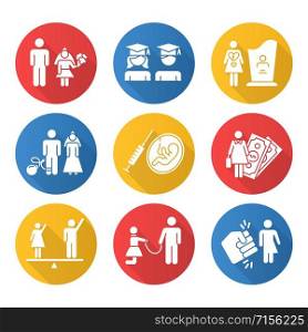 Gender equality flat design long shadow glyph icons set. Education equality. Maternity mortality. Child marriage. Female economic activity. Violance against trans woman. Vector silhouette illustration