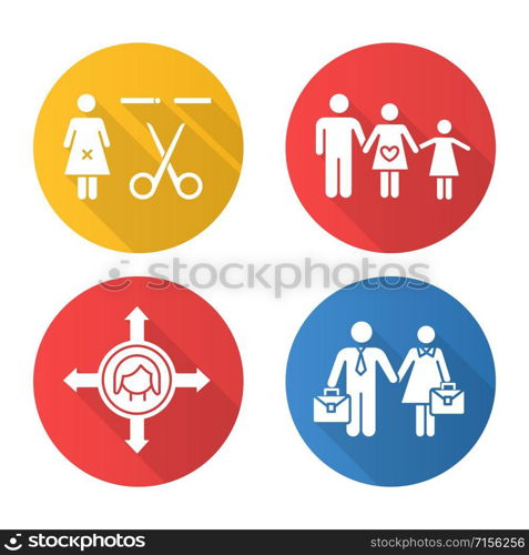 Gender equality flat design long shadow glyph icons set. Forced sterilization. Woman&rsquo;s freedom of movement. Equal employment rights for woman and man. Family planning. Vector silhouette illustration