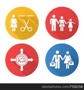 Gender equality flat design long shadow glyph icons set. Forced sterilization. Woman&rsquo;s freedom of movement. Equal employment rights for woman and man. Family planning. Vector silhouette illustration