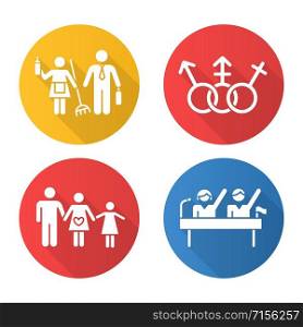 Gender equality flat design long shadow glyph icons set. Politic rights. Transgender, LGBTQ community. Female, male, trans sign. Gender stereotypes. Family planning.Vector silhouette illustration