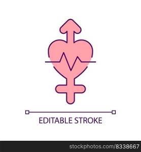 Gender equality in health care RGB color icon. Gender ethics in healthcare. Heart disease. Cardiology care. Isolated vector illustration. Simple filled line drawing. Editable stroke. Arial font used. Gender equality in health care RGB color icon