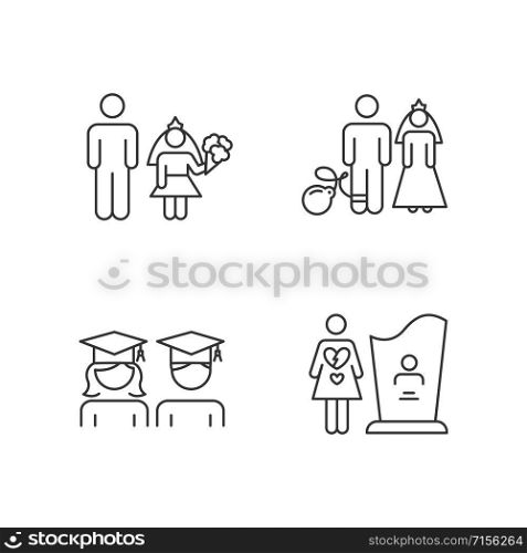 Gender equality linear icons set. Child marriage. Education equality. Forced marriage. Maternal mortality. Thin line contour symbols. Isolated vector outline illustrations. Editable stroke