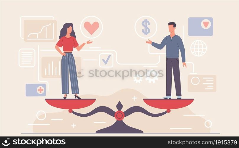 Gender equality scales. Cute man and woman standing on bowls of weight measuring equipment. Different values comparison. Professional balance. Equivalent male and female employment. Vector concept. Gender equality scales. Man and woman standing on bowls of weight measuring equipment. Different values comparison. Professional balance. Vector equivalent male and female employment