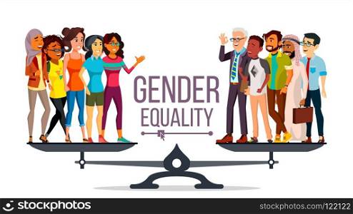 Gender Equality Vector. Businessman, Business Woman. Equal Opportunity, Rights. Male And Female. Standing On Scales. Isolated Flat Cartoon Illustration. Gender Equality Vector. Man, Woman, Male, Female On Scales. Equal Opportunity. Isolated Flat Cartoon Illustration