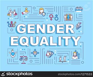 Gender equality word concepts banner. Social inequality. Sex discrimination. Human rights. Infographics with linear icons on blue background. Isolated typography. Vector outline RGB color illustration
