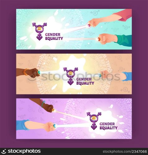 Gender equity cartoon banners. Concept of homosexuality, choice of sexuality, sex identity. Male and female hand couples connect power rings rays for creating transgender symbol, Vector illustration. Gender equity cartoon banners, sexuality, identity