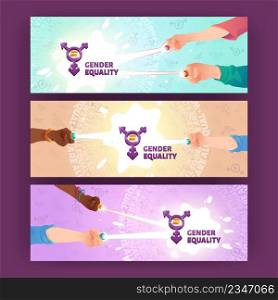Gender equity cartoon banners. Concept of homosexuality, choice of sexuality, sex identity. Male and female hand couples connect power rings rays for creating transgender symbol, Vector illustration. Gender equity cartoon banners, sexuality, identity