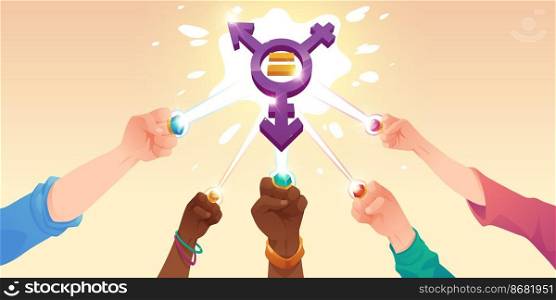 Gender equity concept with male and female hands connect power rings rays for creating transgender symbol. Homosexuality, choice of sexuality and gender identity metaphor, Cartoon vector illustration. Gender equity, choice of sexuality and identity