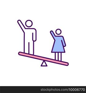 Gender inequality RGB color icon. Prejudicial treatment. Differences in socially constructed gender roles. Unequal men and women treatment. Gender norms and stereotypes. Isolated vector illustration. Gender inequality RGB color icon